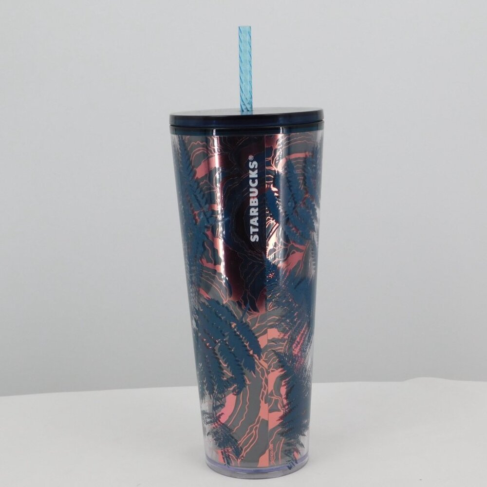 Starbucks Fall 2022 Ocean Fern Blue Rose Gold Foil 24oz Venti Cold Tumbler Straw - Picture 2 of 9